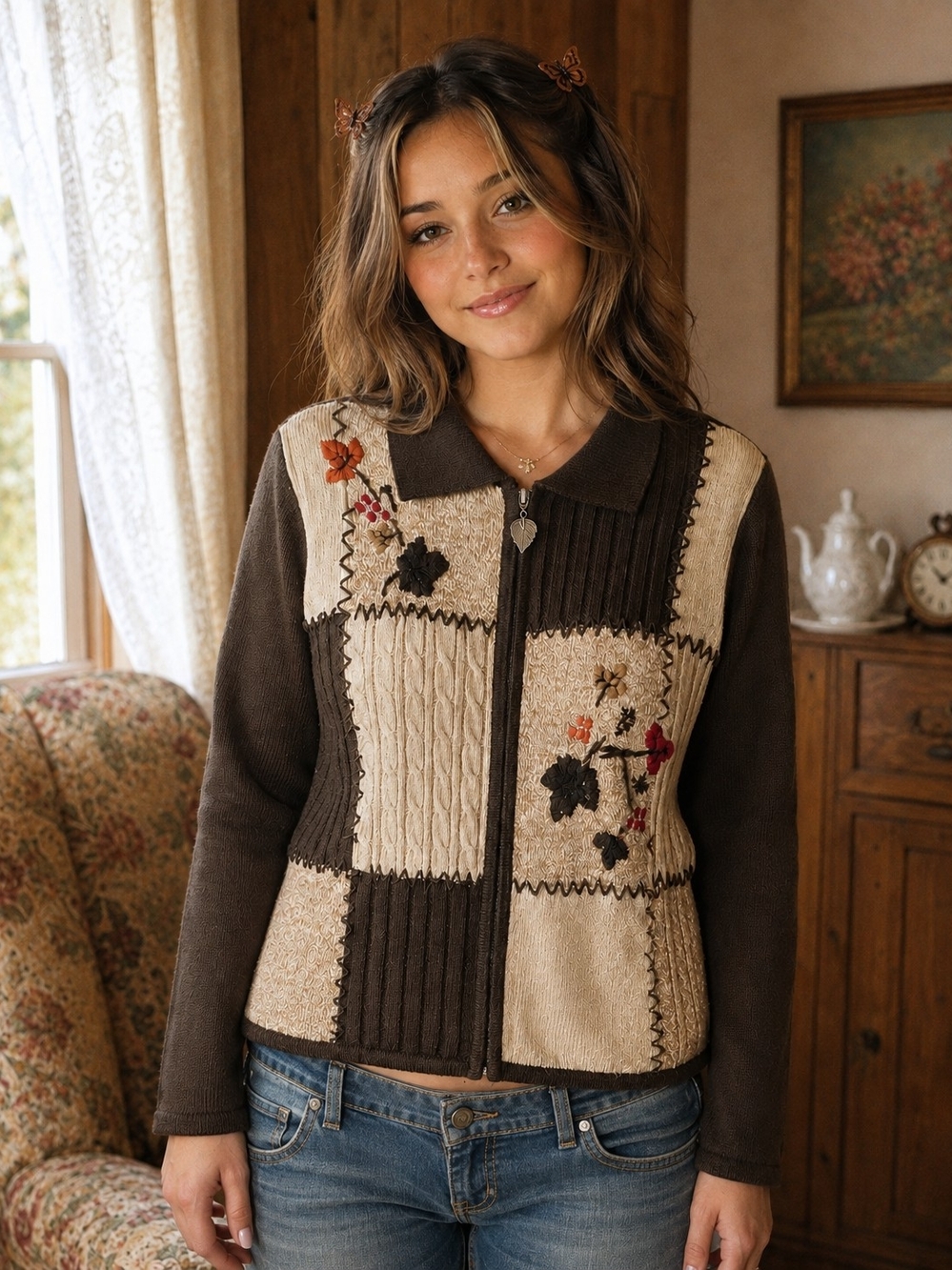 Vintage Alia Petites Patchwork Floral Zip Cardigan Size PM/M